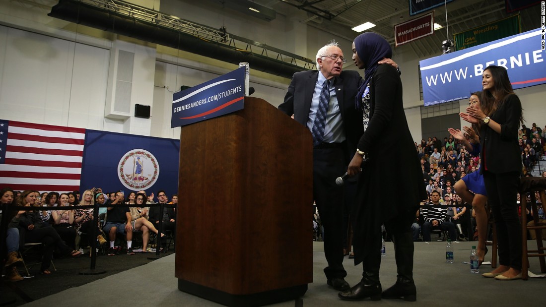 Sanders embraces Remaz Abdelgader, a Muslim student, during an October 2015 event at George Mason University in Fairfax, Virginia. Asked what he would do about Islamophobia in the United States, Sanders said he was determined to fight racism and &quot;build a nation in which we all stand together as one people.&quot;
