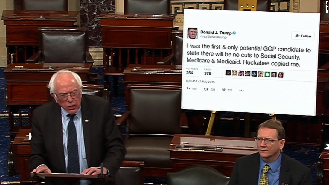 Sanders &lt;a href=&quot;http://www.cnn.com/videos/politics/2017/01/05/bernie-sanders-trump-tweet-poster-senate-sot.cnn&quot; target=&quot;_blank&quot;&gt;brings a giant printout of one of Donald Trump&#39;s tweets&lt;/a&gt; to a Senate debate in January 2017. In the tweet, Trump had promised not to cut Social Security, Medicare and Medicaid.