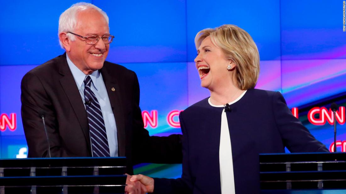 &lt;a href=&quot;http://www.cnn.com/2015/10/13/politics/gallery/democratic-debate-las-vegas/index.html&quot; target=&quot;_blank&quot;&gt;Sanders shakes hands with Hillary Clinton&lt;/a&gt; at a Democratic debate in Las Vegas in October 2015. The hand shake came after Sanders&#39; take on &lt;a href=&quot;http://www.cnn.com/2015/09/03/politics/hillary-clinton-email-controversy-explained-2016/index.html&quot; target=&quot;_blank&quot;&gt;the Clinton email scandal.&lt;/a&gt; &quot;Let me say something that may not be great politics, but the secretary is right -- and that is that the American people are sick and tired of hearing about the damn emails,&quot; Sanders said. &quot;Enough of the emails, let&#39;s talk about the real issues facing the United States of America.&quot;