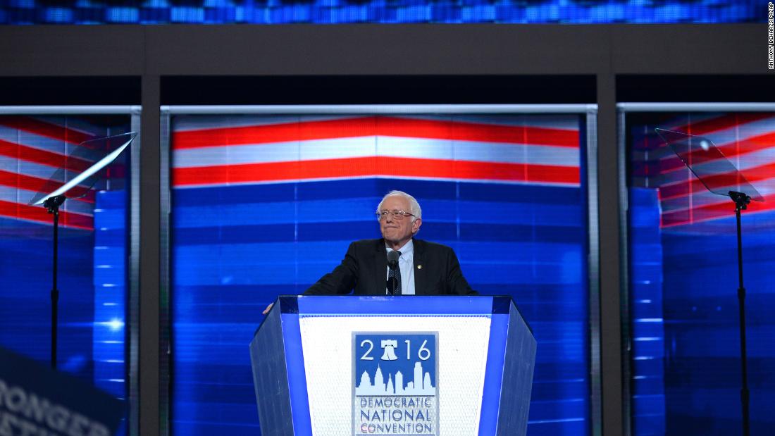 Sanders &lt;a href=&quot;http://www.cnn.com/2016/07/25/politics/bernie-sanders-democratic-national-convention-speech/&quot; target=&quot;_blank&quot;&gt;addresses delegates&lt;/a&gt; on the first day of the Democratic National Convention in July 2016.